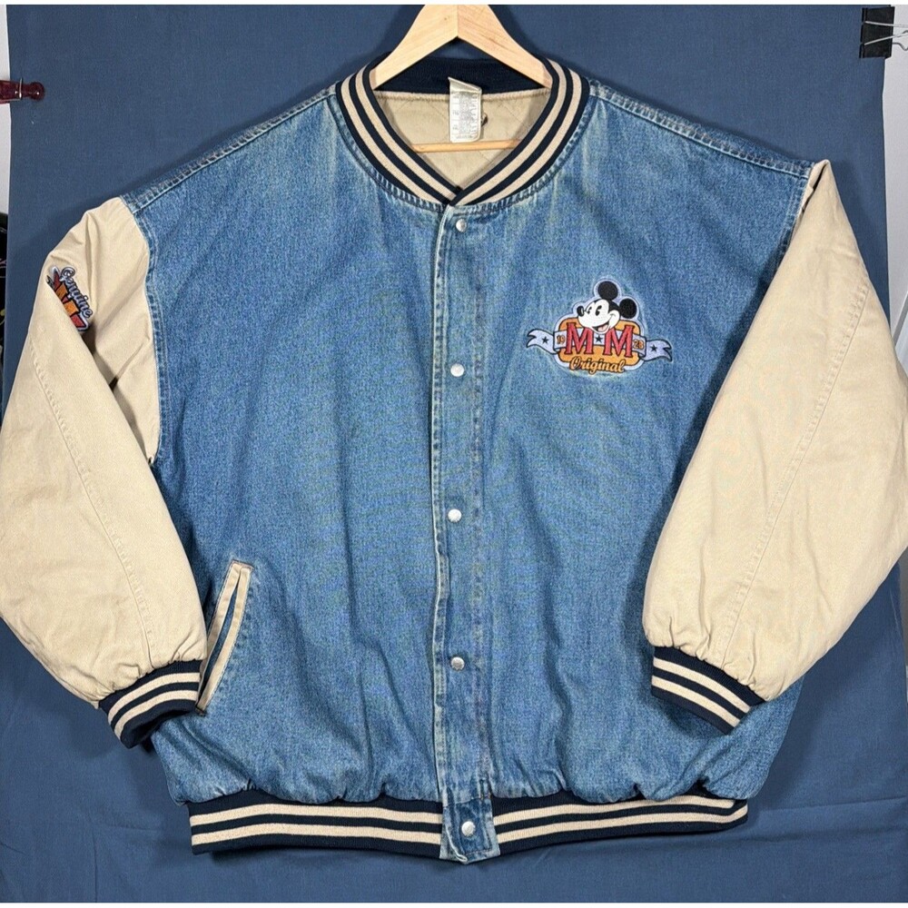 Disney Mickey Mouse Vintage Denim Varsity Bomber Jacket Letterman Size Adult XXL